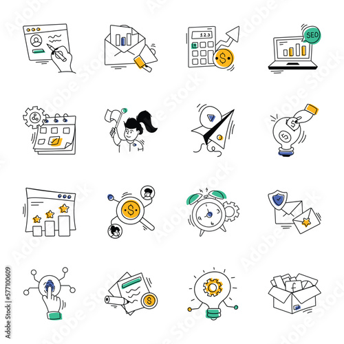 Business and Media Advertising Hand Drawn Icons 
