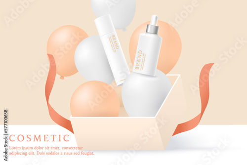 Cosmetics and skin care product ads template in orange gift box with balloons.