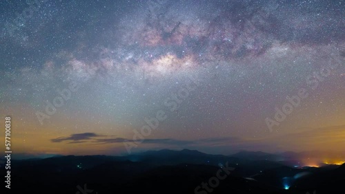 Time lapse milky way galaxy on the fog and mountain.	