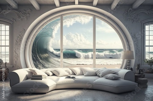 Interrior design with big window and the weavy ocean outside, fantasy concept photo