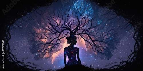 A universal ethereal tree in the head of a woman silhouette in the cosmos