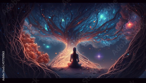 A universal ethereal wse tree and a woman silhouette in the cosmos meditating