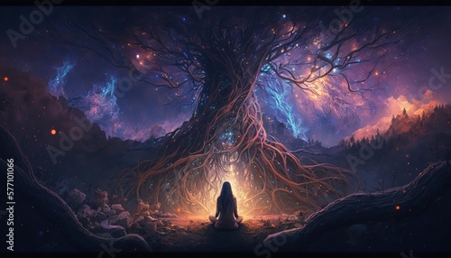 A universal ethereal wse tree and a woman silhouette in the cosmos meditating