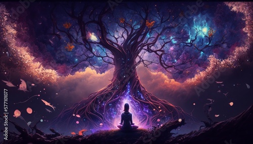 A universal ethereal wse tree and a woman silhouette in the cosmos meditating