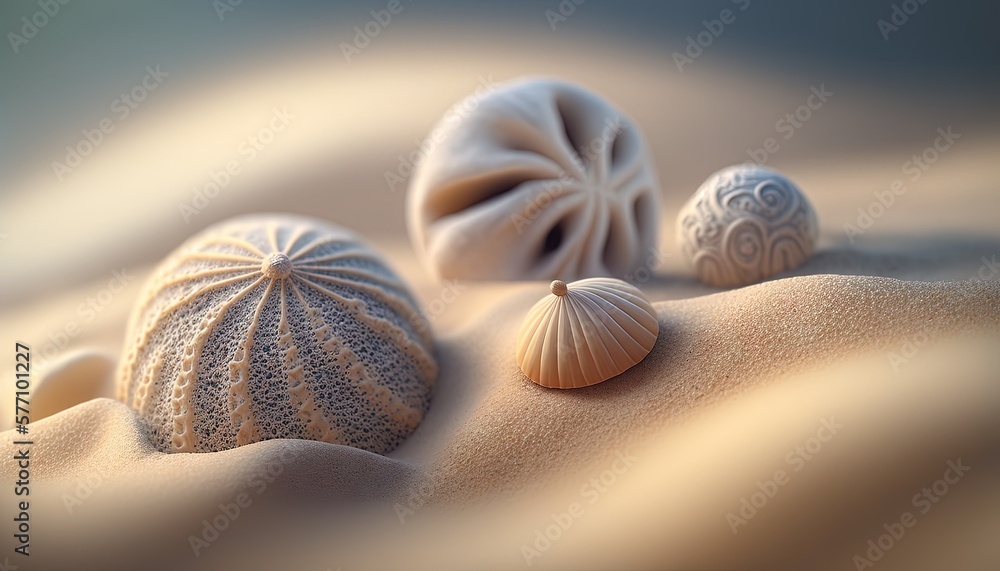 three seashells on a sandy beach with a blurry background of sand and