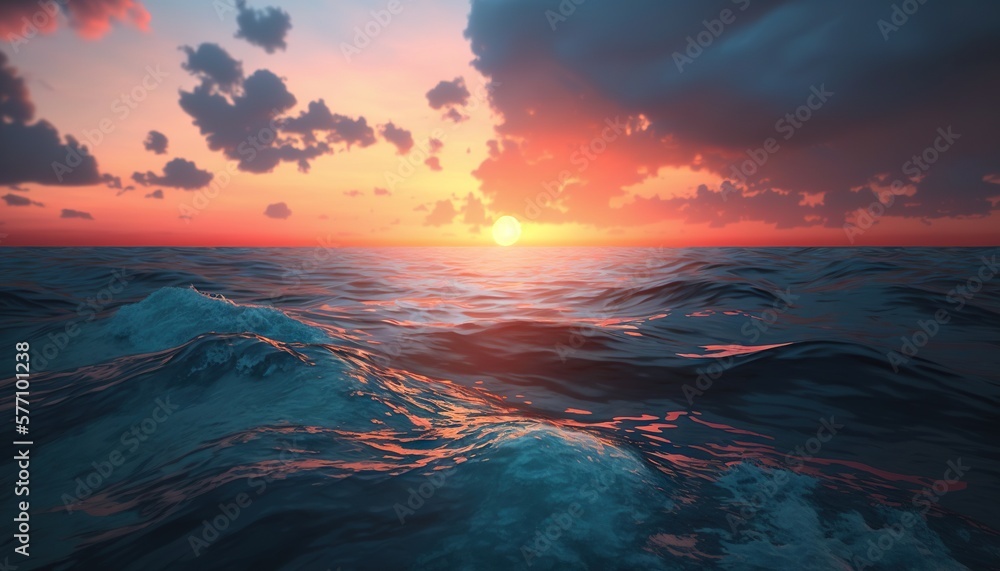  a painting of a sunset over the ocean with a wave coming towards the shore and the sun rising over the horizon of the ocean with clouds.  generative ai
