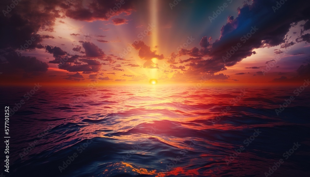  the sun is setting over the ocean as it reflects in the water's surface, and the clouds are glowing orange and blue in the background.  generative ai