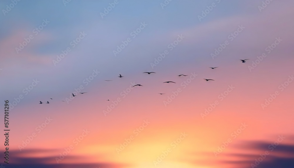  a flock of birds flying in the sky at sunset or dawn with a flock of birds flying in the sky at sunset or dawn with a flock of birds in the sky.  generative ai
