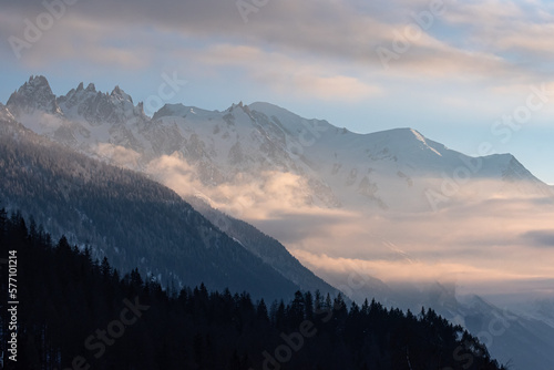 Winter sunset view of the Mont Blanc massif