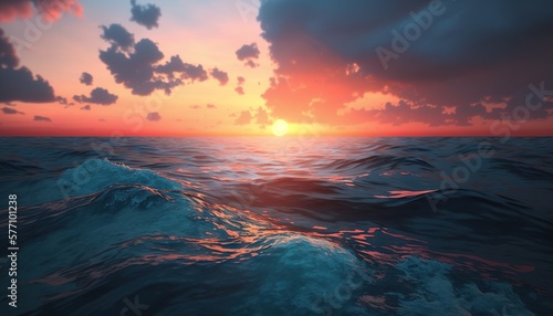 a painting of a sunset over the ocean with a wave coming towards the shore and the sun rising over the horizon of the ocean with clouds. generative ai