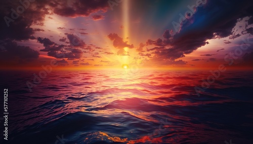  the sun is setting over the ocean as it reflects in the water's surface, and the clouds are glowing orange and blue in the background. generative ai