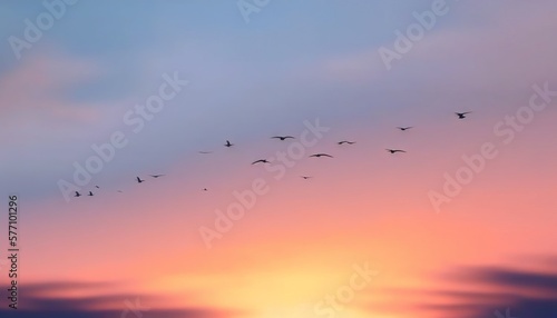  a flock of birds flying in the sky at sunset or dawn with a flock of birds flying in the sky at sunset or dawn with a flock of birds in the sky.  generative ai © Jevjenijs