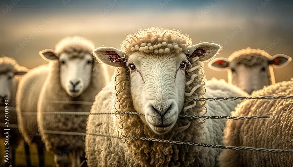  a herd of sheep standing next to each other on a field behind a barbed wire fence with a cloudy sky in the backgrouund.  generative ai