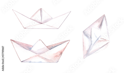 Paper boat. Empty classic white. Summer holidays, travel, childhood symbol. Hand drawn watercolor.