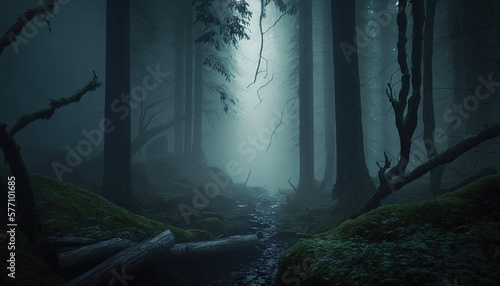  a dark forest with a stream in the middle of the woods and a light coming from the trees in the foggy night sky above.  generative ai