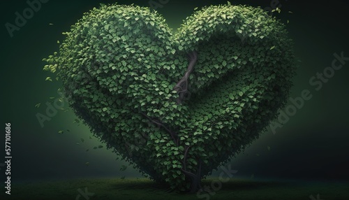  a heart shaped tree with leaves on the ground and a tree trunk in the shape of a heart with leaves on the ground and a green background. generative ai