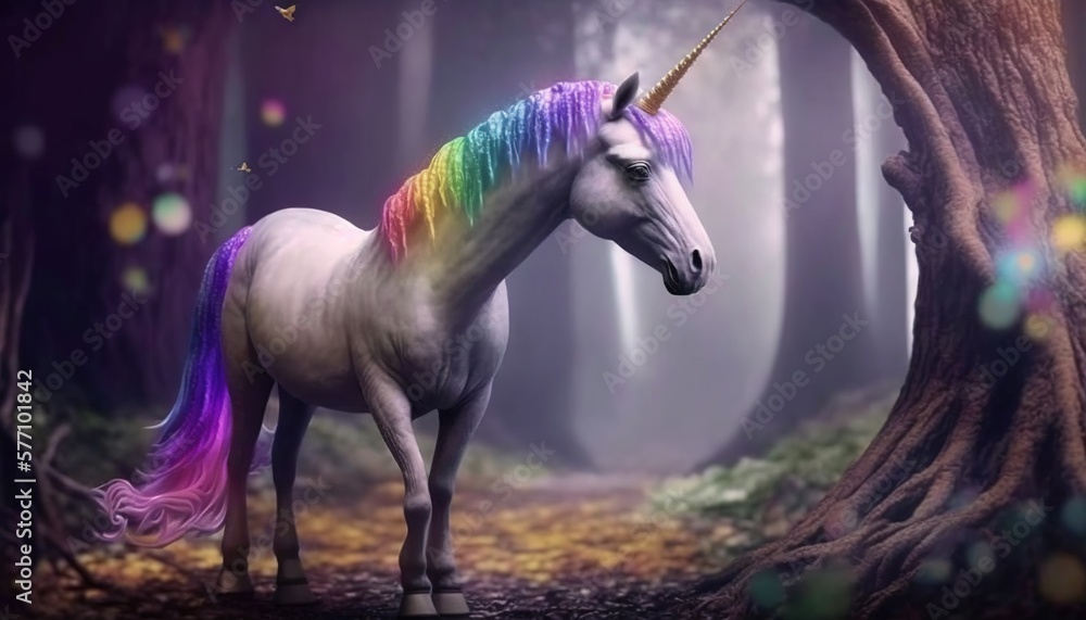  a unicorn standing in the middle of a forest with a rainbow mane on it's head and a butterfly flying over its head, with a tree trunk in the foreground.  generative ai