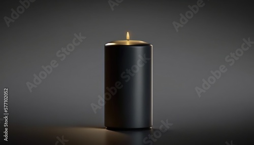  a black cylindrical candle with a gold top on a dark background with a reflection on the surface of the candle and the candle is lit. generative ai