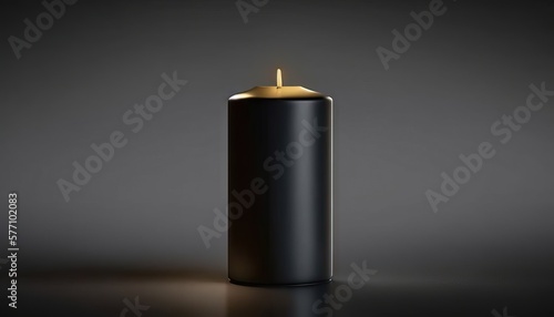 a black cylindrical candle with a gold top on a dark background with a reflection of light on the surface of the candle, with a slight glow from the top of the candle. generative ai