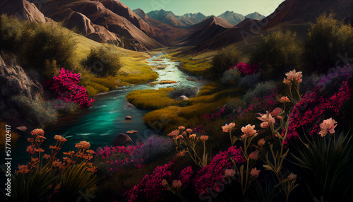 An image of a verdant valley dotted with colorful flowers and plants generative AI