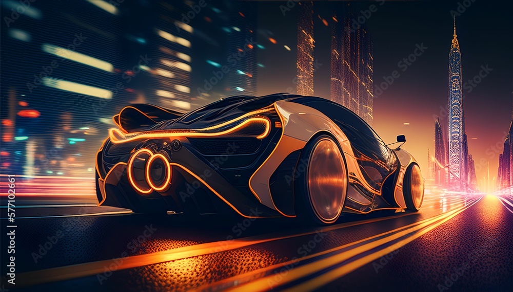 Future Car on the Road: Speeding through Orange Lights, Desktop Wallpaper, AI Generated