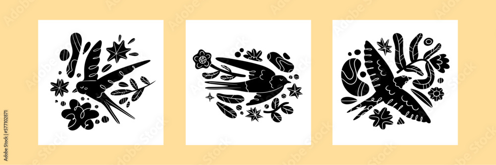 Set of 3 flying birds with different elements. Hand drawn modern ...