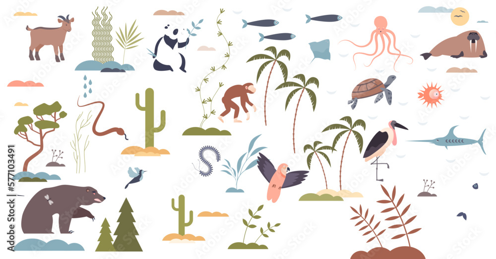 Biodiversity scene set with wildlife population zones tiny person concept, transparent background. Collection with popular animals, flora and fauna in each region and latitudinal zone illustration.