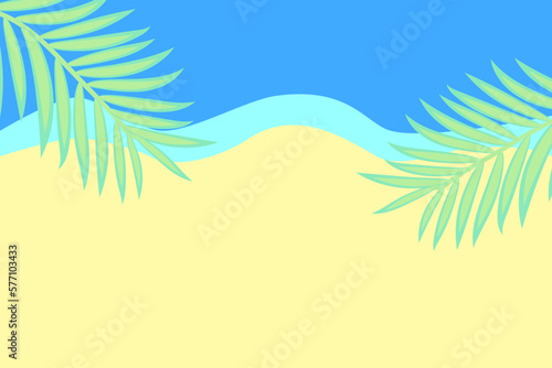 sandy beach with blue sea and palm leaves  view from above. Vector template for text