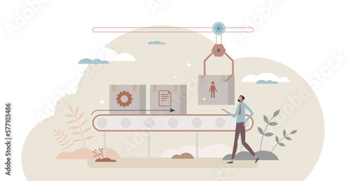 Automation and modern machine work replacing human job tiny person concept, transparent background. Technology and robots in 4.0 factory for cost effective and productive manufacturing illustration.