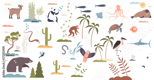 Biodiversity scene set with wildlife population zones tiny person concept  transparent background. Collection with popular animals  flora and fauna in each region and latitudinal zone illustration.