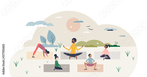 Diverse children meditation outdoors with stretching tiny person concept, transparent background. Body and mind activity for kids wellness and harmony illustration.