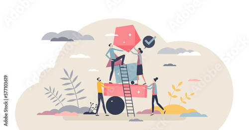 Diverse team as different geometrical shapes puzzle tiny person concept, transparent background.Colleague teamwork and partnership for effective business results illustration.