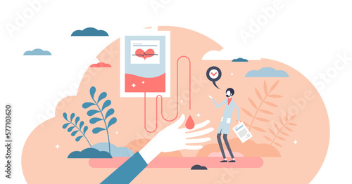 Donating blood as patient donor voluntarily transfusion tiny person concept, transparent background. Medical charity to give liquid drip and save sick people from disease illustration.