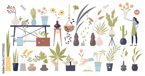 Flowers and plants elements with leafs in pots tiny person collection set, transparent background. Nature beauty and green growing foliage items for beautiful decoration assets illustration.