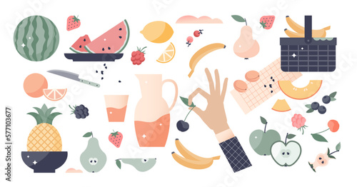 Fruits set as isolated exotic food elements for healthy eating diet theme, transparent background. Vitamin nutrition elements collection illustration. Mix with eating theme assets.