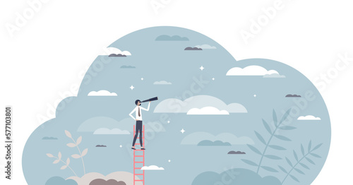 Leadership vision from company boss with successful future strategy tiny person concept, transparent background. Visionary guidance leader and professional opportunity search illustration.