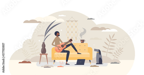 Learning guitar chords and tabs as practice or lesson tiny person concept, transparent background. Study acoustic or classical instrument for entertainment or hobby illustration.
