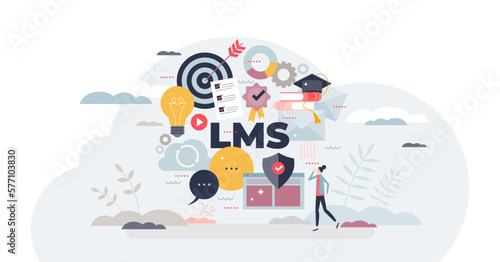 Learning management system or LMS education approach tiny person concept, transparent background. Knowledge training application or skill practice software with effective framework.