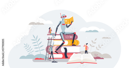 Machine learning as robot reading books with AI tech tiny person concept, transparent background. Artificial intelligence mind development with self growth and automatic data gathering illustration.