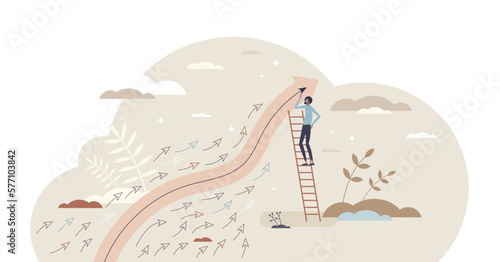 Market trends and stock value growth in global economy tiny person concept, transparent background. Abstract financial graph with accounting analysis arrows illustration.