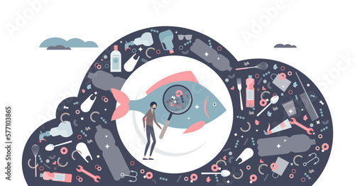 Microplastics water pollution with plastic fragments tiny persons concept, transparent background. Ocean and sea fish contamination with micro garbage and rubbish particles illustration.