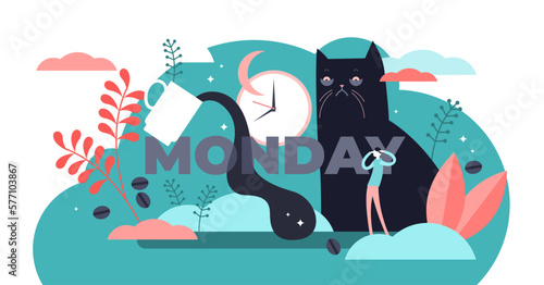 Monday illustration, transparent background. Flat tiny sleepy morning symbol person concept. Abstract daily exhausted work visualization with text label and funny tired, lazy or overworked cat.