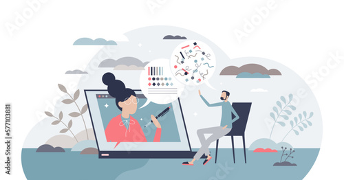 Online psychological help as videocall conversation tiny person concept, transparent background. Mental problems support.