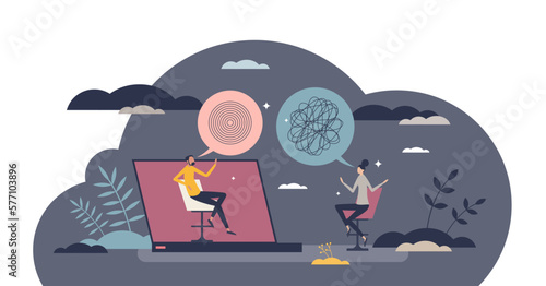 Online therapy or psychological mental care session tiny person concept, transparent background. Counseling patient with problems, depression or anxiety illustration. Video call communication.