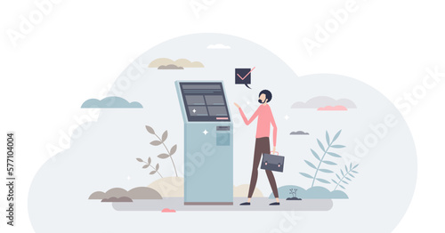 Self service checkout with ticket purchase desk stand tiny person concept, transparent background. Customer contactless payment and check in process at subway, airport or cinema illustration.