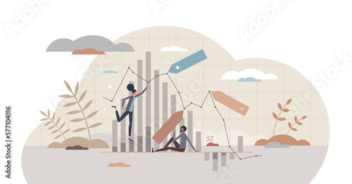 Shares trading process with financial stock market chart tiny person concept, transparent background. Global trade exchange business with forecasting strategy, risks and wealth opportunity.
