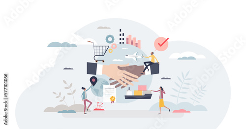 Supply chain management with logistics process planning tiny person concept, transparent background. Worldwide distribution, inventory control and suppliers monitoring task.