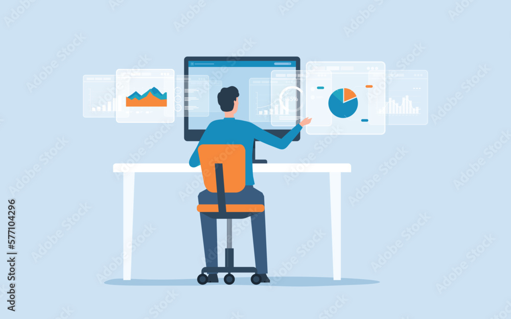 Businessman working for data analytics graph report dashboard and monitoring for business marketing planning and finance investment concept Businessman working for data analytics graph report dashboard and monitoring for business marketing planning and finance investment concept