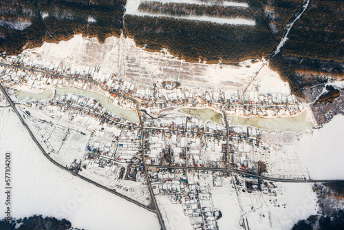 aerial view of the snowy village, russia