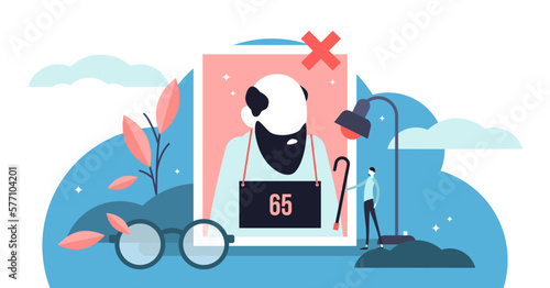 Ageism illustration, transparent background. Flat tiny old persons discrimination concept. Elder employee stereotypes symbols and unfair career experience. Tolerance and society ethics integration.